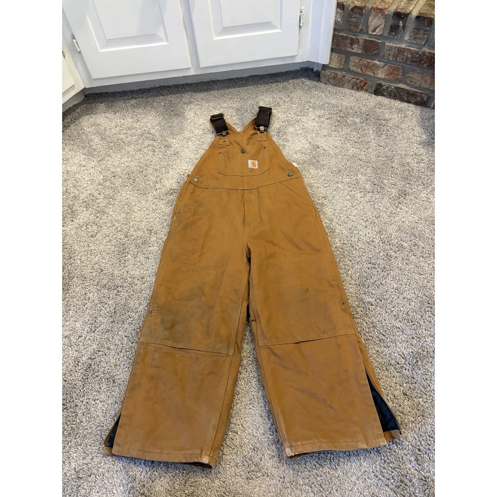 Carhartt Kids Youth Duck Insulated Bib Overalls Brown Size 8 Quilted Lined Read